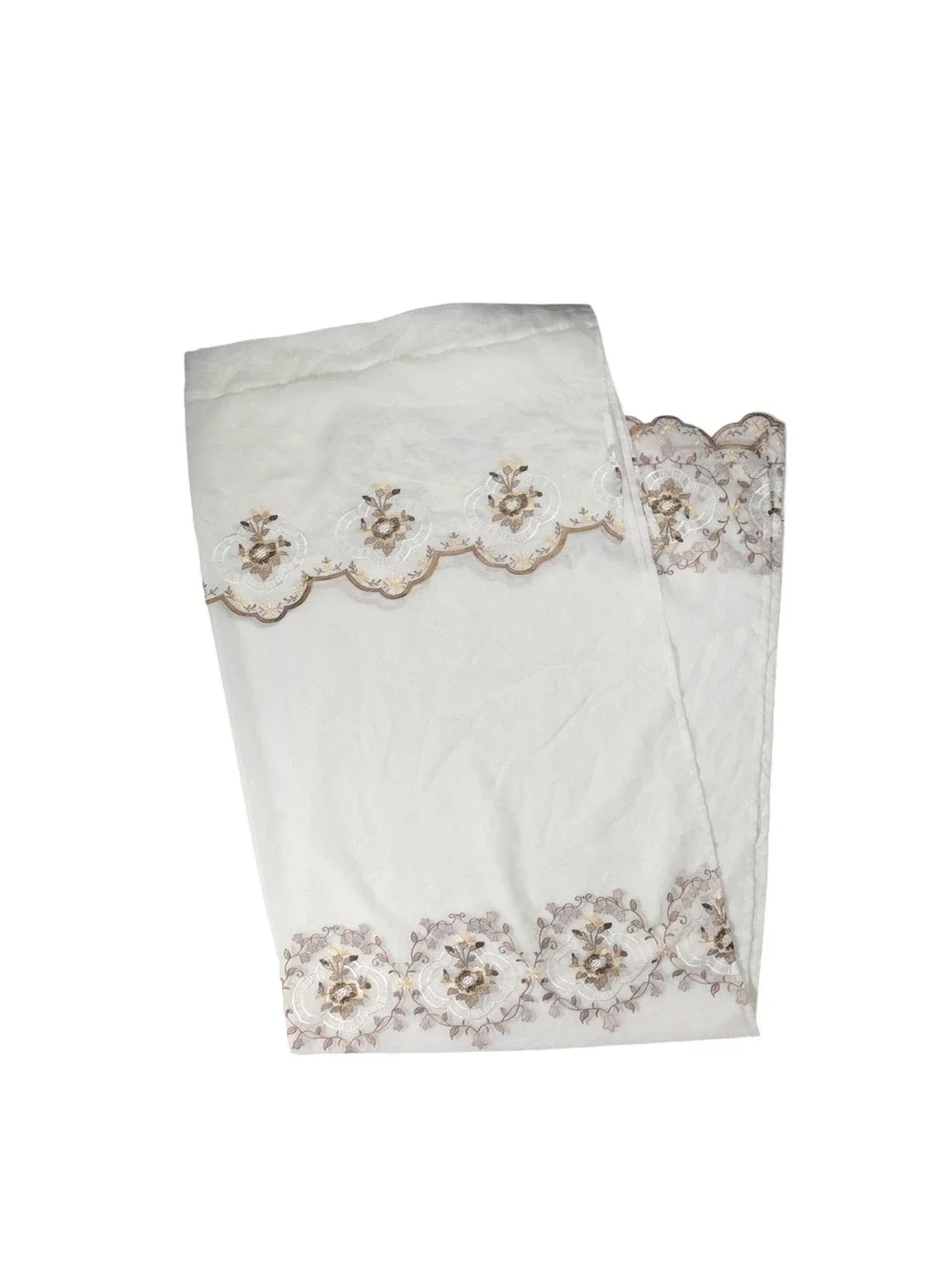 Vintage Set of 4 Embroidered Curtains Panels Drapes White Brown Sheer 86